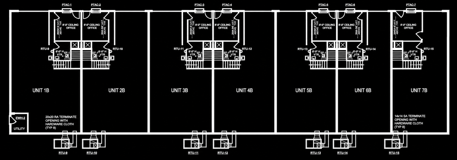 Building B floor plan — seven 30x60 flex bays in Eldridge, IA