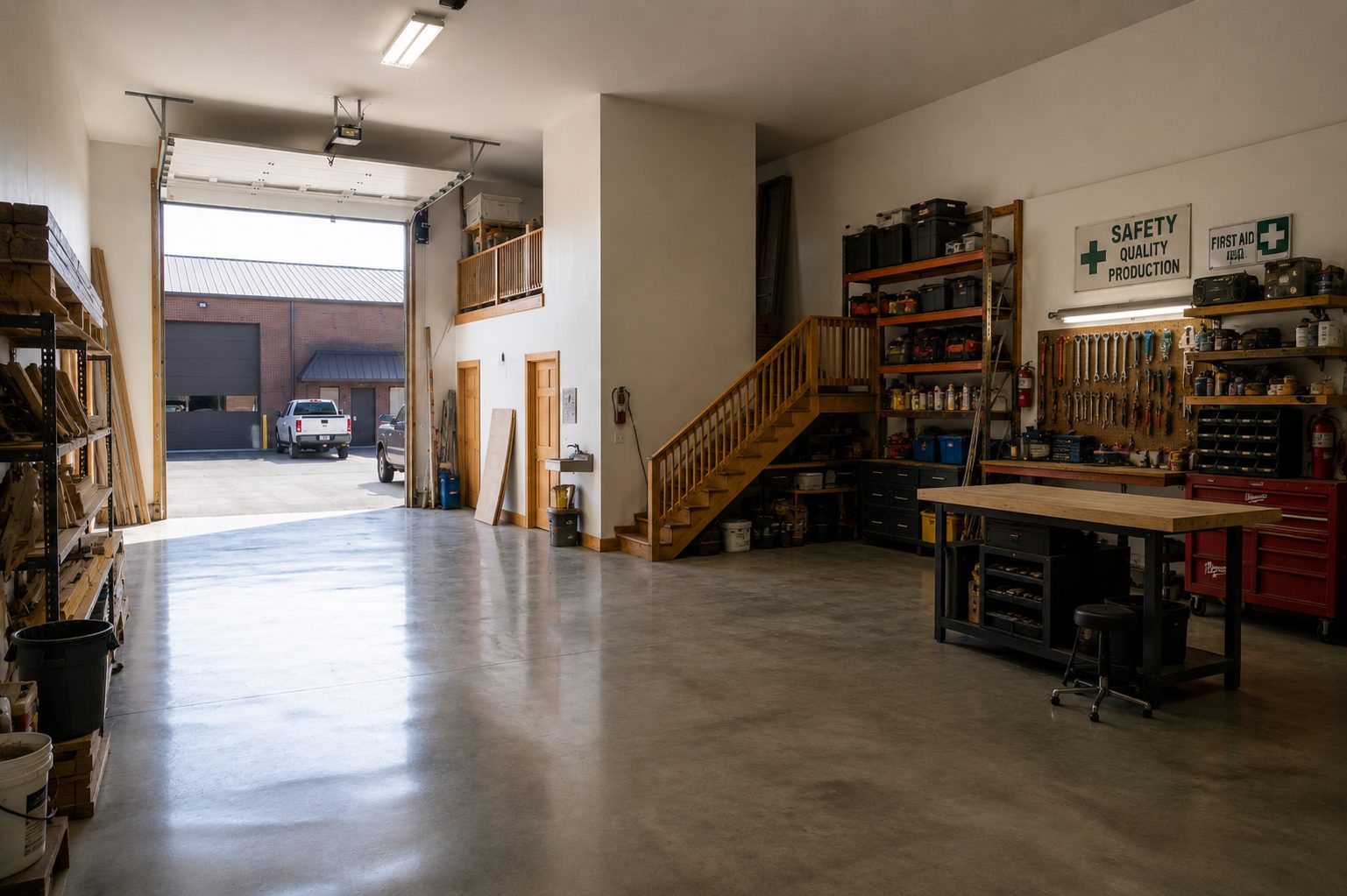 Contractor suite interior with workbench, tools, and open bay door